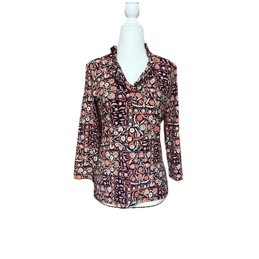 J.McLaughlin Durham Ruffle Top Size S Blue Floral 3/4 Sleeve Stretch Blouse
